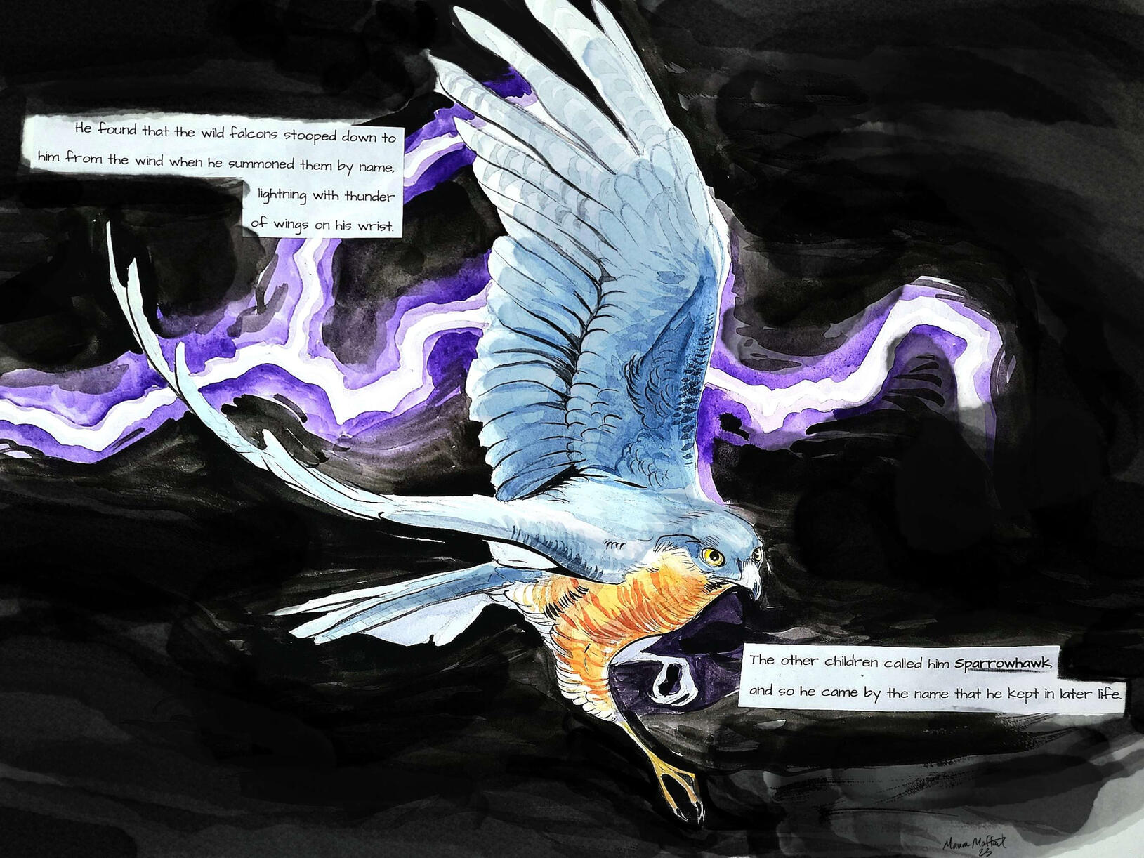 A school illustration meant to convey a passage in a book. This in particular is from Ursula K. LeGuin's "A Wizard from Earthsea".